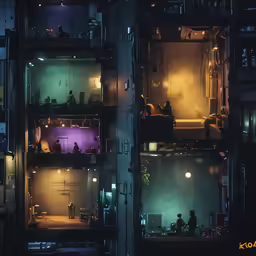 a view from the window of an apartment at night