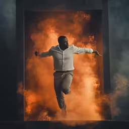a man in grey pants jumps across orange smoke