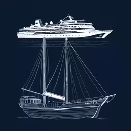 a ship sailing across the ocean with a blue background
