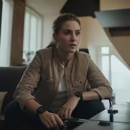 a woman in a brown jacket and white shirt is sitting at a table