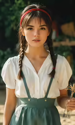 girl wearing green suspenders and holding flower in hand