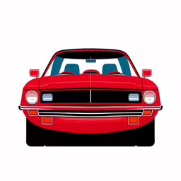 the front end of a red mustang muscle car,the front end of a car on a white background,a red car with black stripeing on the front end,a red mustang is shown in this flat design,an old muscle car in a red color