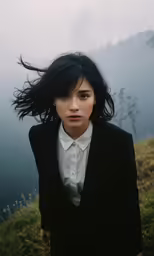 a young woman is standing on a foggy day