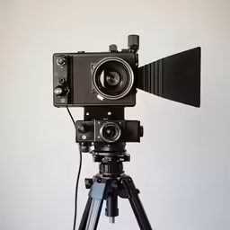 a small camera on a tripod is shown