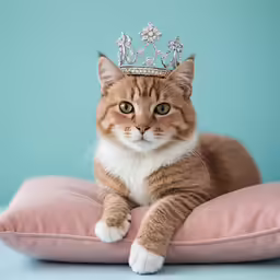 a cat with a tiara sitting on a pillow