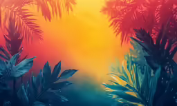 the colorful jungle leaves are shown under the yellow sky
