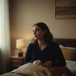 a woman is sitting on a bed looking at the window
