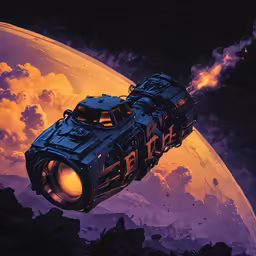 a sci - fiy sci spaceship flying over an planet in front of a sky full of clouds