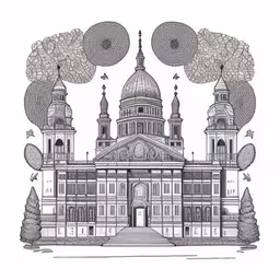 the cathedral and its domes are drawn in pen,the old building is decorated with circles, stars and flowers