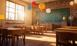 a room with tables, chairs, and chalk board