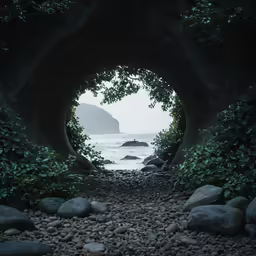 a river runs between two rocks under a tunnel