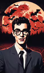 man in suit and glasses against red and black background with bats flying over,a person in glasses and a suit, with bats on the background