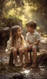 two young children are sitting in a bench together