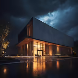 dark clouds are coming down the sky above an empty building
