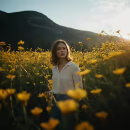 a woman in a field with a sun setting in the background