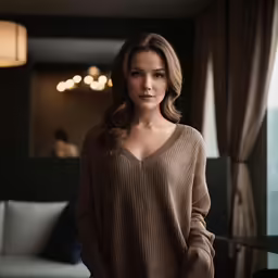 a woman in a tan sweater stands looking over her shoulder