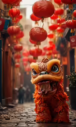 an asian style animal character standing on top of a cobblestone road