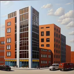 the three buildings have a parking lot in front,a painting of a building with windows and three cars in front