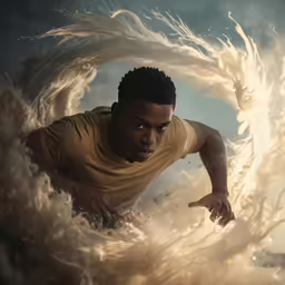 a young man is kicking some water in the air