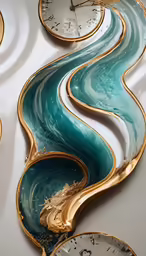 a set of clocks on a table painted blue and gold