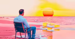 a man sitting in a chair on the beach