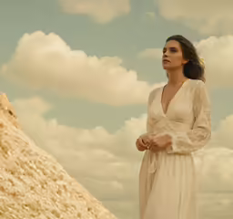 a woman in a dress posing on a rocky cliff