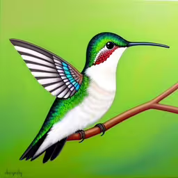 a painting of a hummingbird sitting on a branch,this hummingbird is painted with acrylics of various colors,a colorful bird with a long tail sitting on a branch,painting of a bird sitting on a branch with green background,the hummingbird is perched on the tree branch