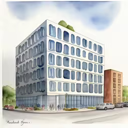 a drawing of a building in a city with people walking and cars driving past it,a drawing of a tall white building with many windows,a building with people walking in front of it on the street,drawing of an office building on the corner of a road,two cars driving on a road next to a building