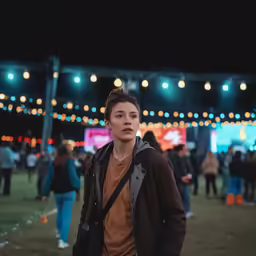 a person standing in the dark, while many lights hang over the park
