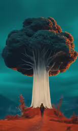 the person is walking down a path to a large tree