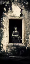 a woman in a black and white photo looking out of a window