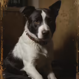 a black and white dog sitting on a bed