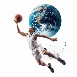 a man flying through the air while holding a basketball