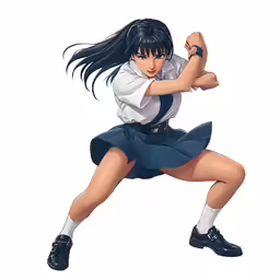 a woman in schoolgirl attire holding up a baseball bat