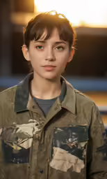 a boy in camo jacket with sun coming through