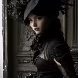 a young woman posing in front of an open door