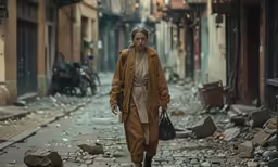 a woman walking down the street in a town