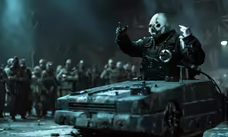 a bunch of soldiers gathered around a car in a dirty city