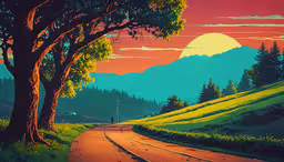 a painting of a road with trees and a red sky in the background,a painting of a sunset with a tree in the foreground