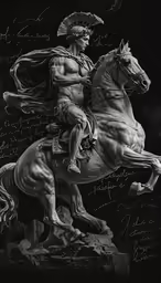 black and white artwork with white writing of a man riding a horse