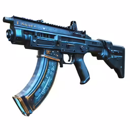 the 3d image of a blue and silver rifle