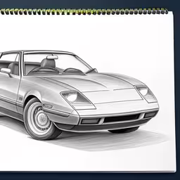 a drawing of a car, on top of the table,drawing of a car on a piece of paper