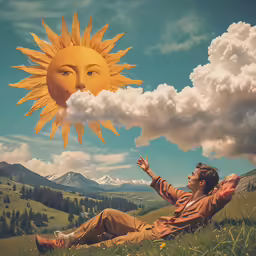 a man is sitting in the grass with a cloud hanging from his mouth