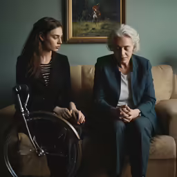 two women sit on a couch and talk