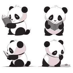 a panda bear sitting in various positions while reading