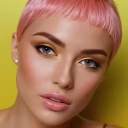 a woman with pink hair and gold eyeshadow