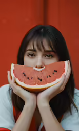 a woman holding a piece of red grapefruit with a bite out of it