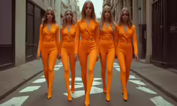 four women are in orange outfits walking down the street