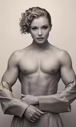 a shirtless woman in a dress is posing