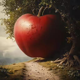 large red apple falling down onto a road